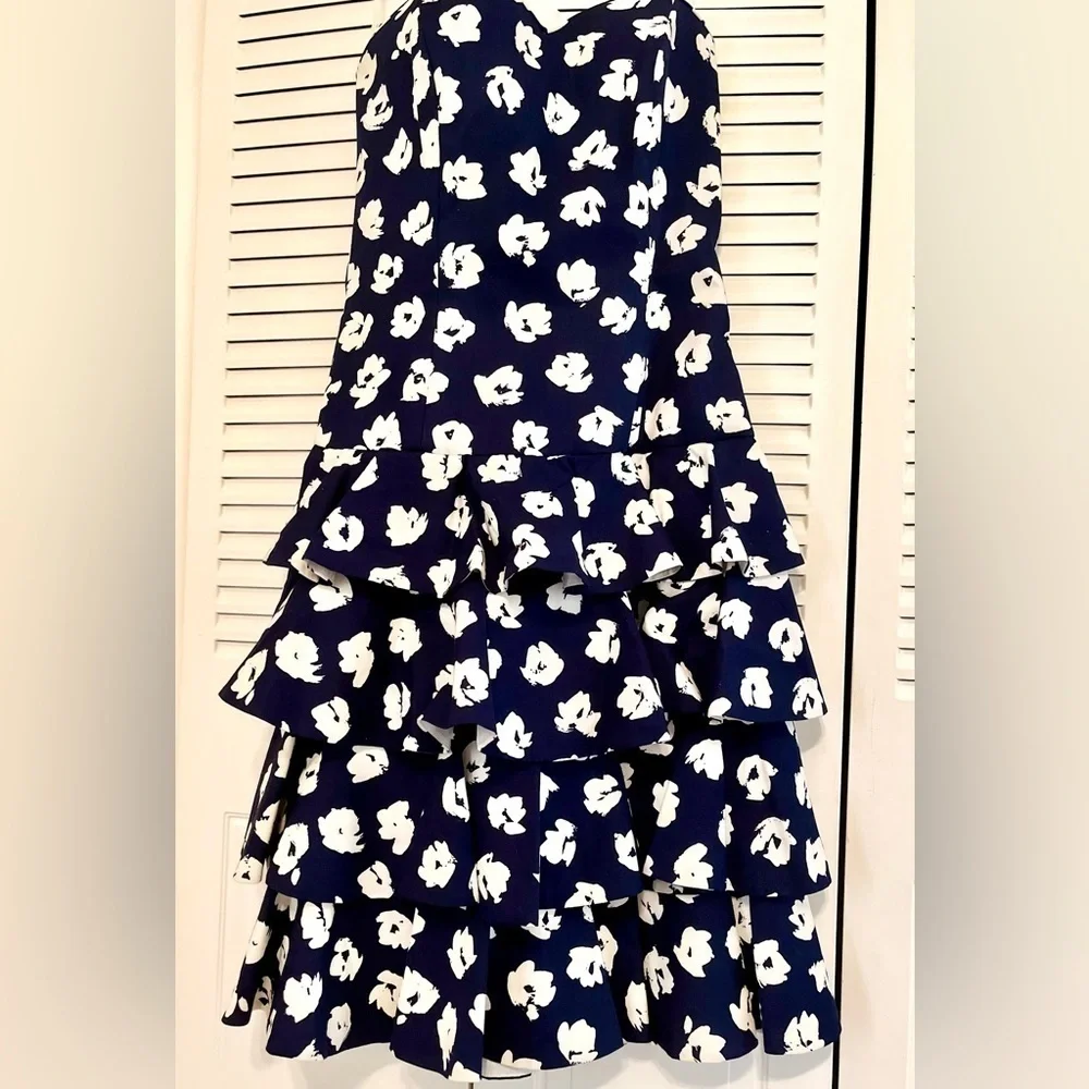 Vintage 80s 90s Dress Strapless Ruffled Cocktail Patty O’Neil Navy White Floral - Picture 5 of 8